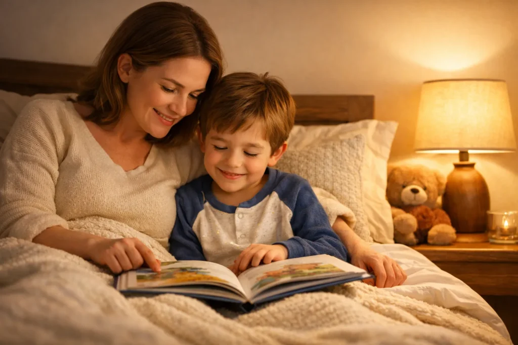 Warm bedtime scene showing the benefits of reading to children with parent and child sharing a book
