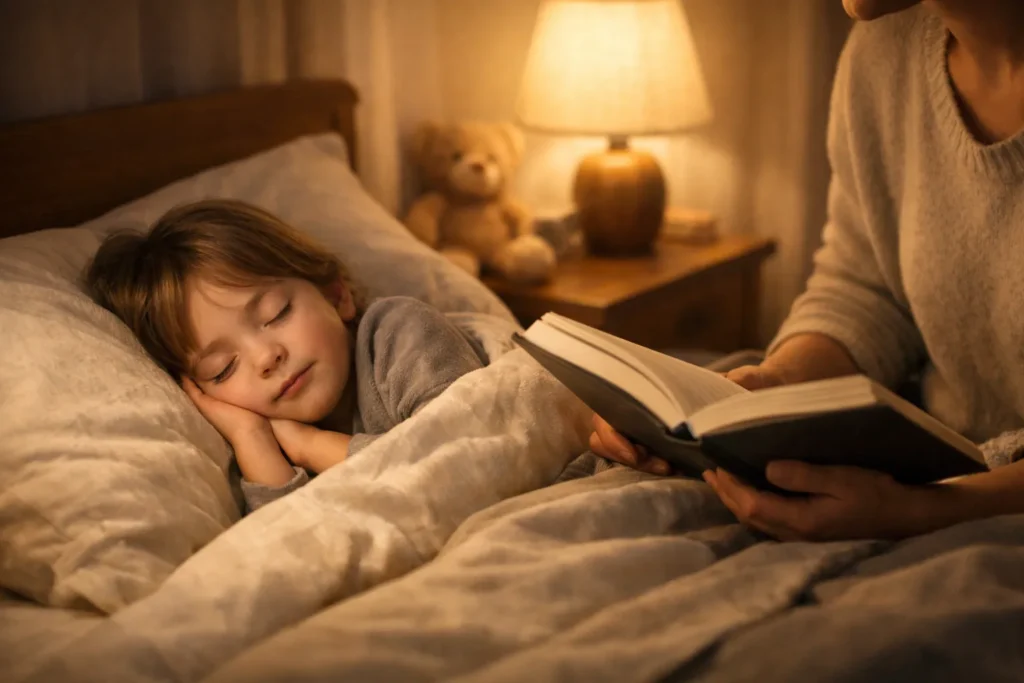 does reading help children sleep with a parent reading a bedtime story in a calm bedroom