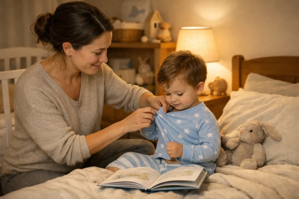 bedtime routine for toddlers with parent helping with pajamas and story time