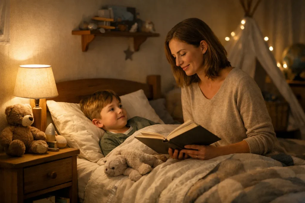 Parent and child at bedtime with book and dim lamp for how to make bedtime easier