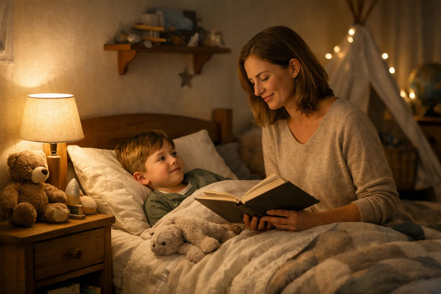 Parent and child at bedtime with book and dim lamp for how to make bedtime easier