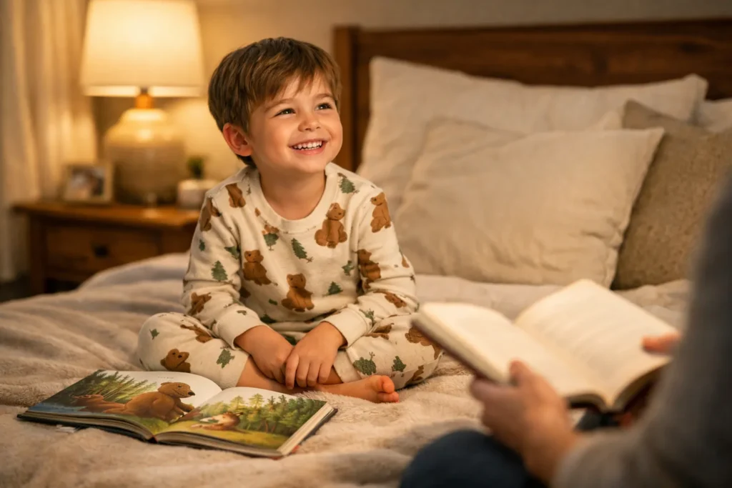 Child smiling during bedtime with why children love hearing the same story