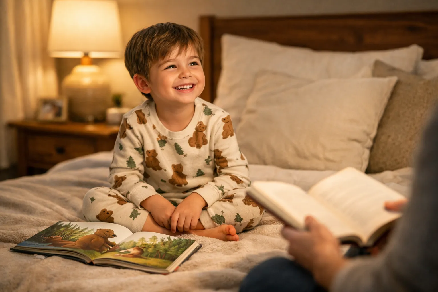 Child smiling during bedtime with why children love hearing the same story