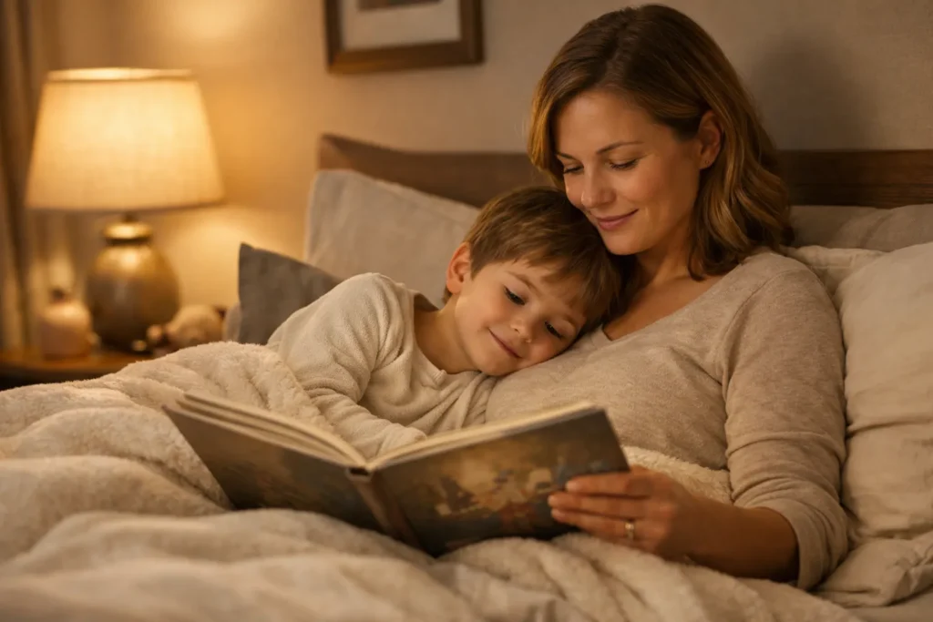 Parent and child reading about how stories help children process emotions at bedtime