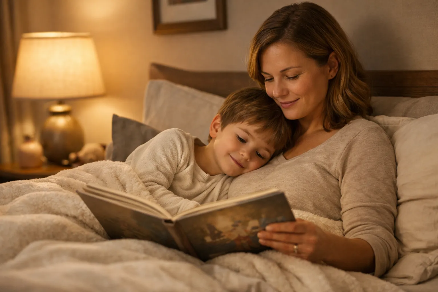 Parent and child reading about how stories help children process emotions at bedtime