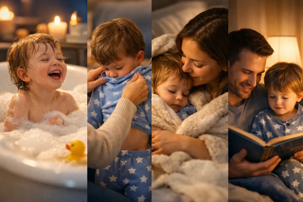 calming bedtime activities for kids in a cozy bedtime montage
