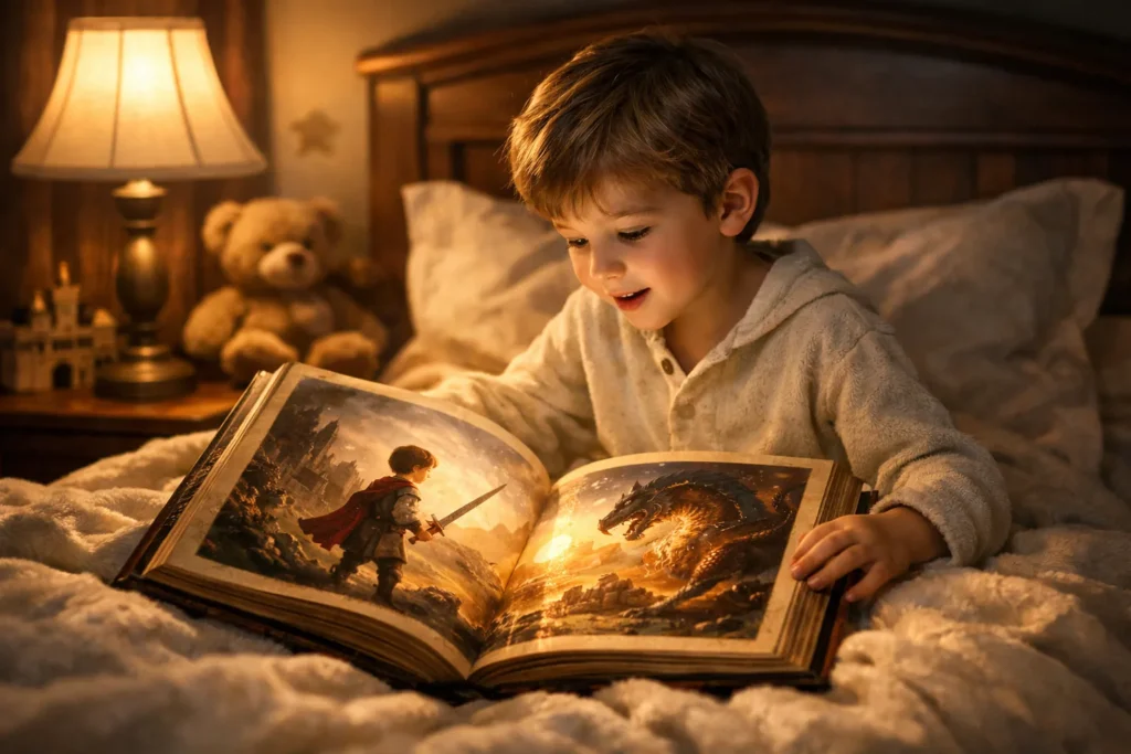 benefits of personalized books for children in a cozy bedtime reading scene