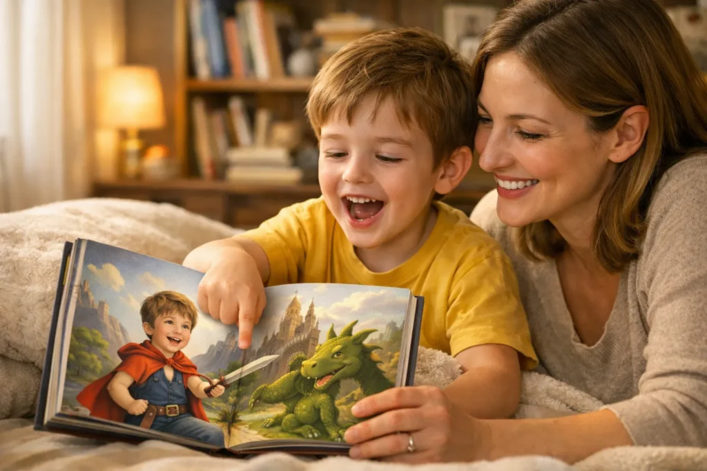 why kids love stories about themselves with child pointing at a personalized book